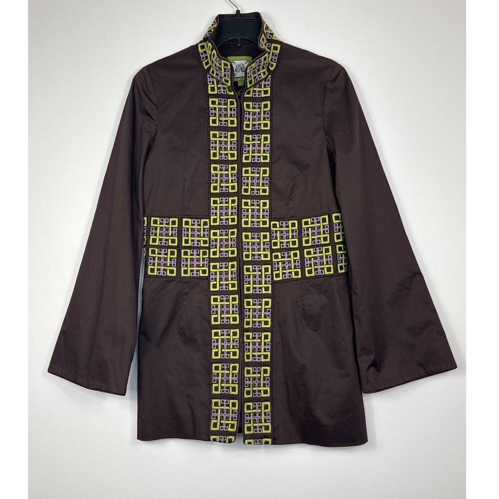 Elizabeth McKay Brown Embroidered Jacket Stand Collar Silk Lined Coat Size 4